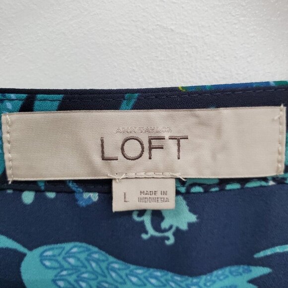 Ann Taylor LOFT Womens Peacock Tunic Top Size L Blue Roll Tab Sleeve Birds - Picture 10 of 13